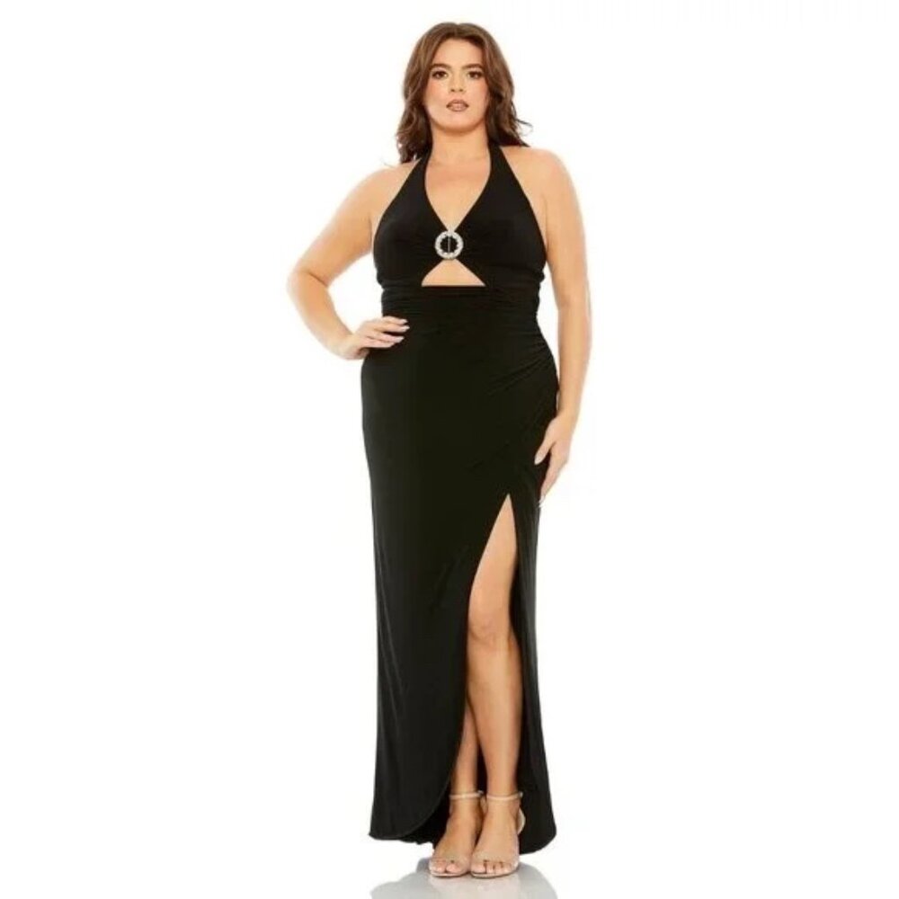 Mac Duggal Black Dress 76993 Halter Tie‎ Keyhole Detail Gown with Slit Size 12W